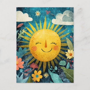Postal Sol sonriente colorido sobre flores bonitas