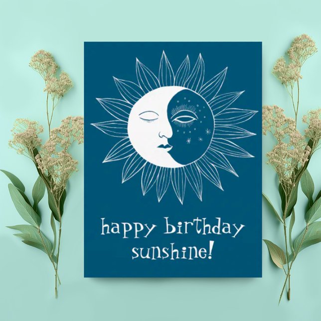 Postal Sol y Luna Alegre FELIZ CUMPLEAÑOS PERSONALIZADO (Sweet happy birthday boho postcard with sun and moon illustration. Add custom text)