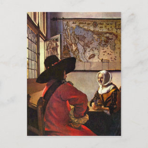 Postal Soldado y muchacha sonriendo de Johannes Vermeer