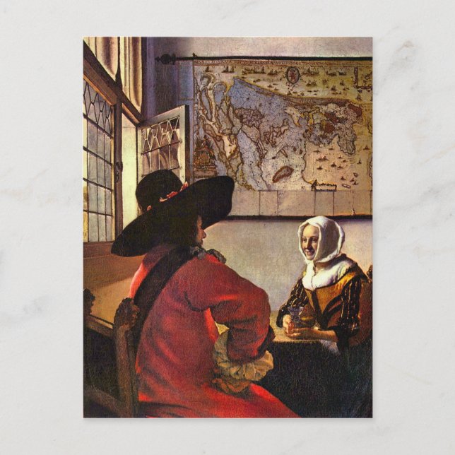 Postal Soldado y muchacha sonriendo de Johannes Vermeer (Anverso)