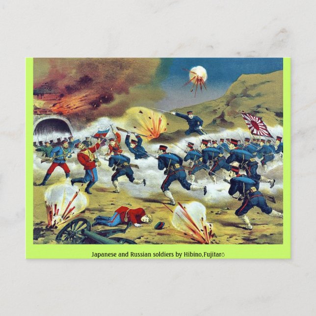 Postal Soldados japoneses y rusos por Hibino, Fujitarō (Anverso)