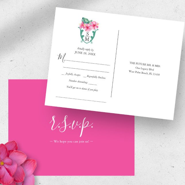 Postal Solicitud de Canción de Boda de Destino Tropical R (Monogrammed tropical destination wedding rsvp postcard watercolor art by Victoria Grigaliunas)