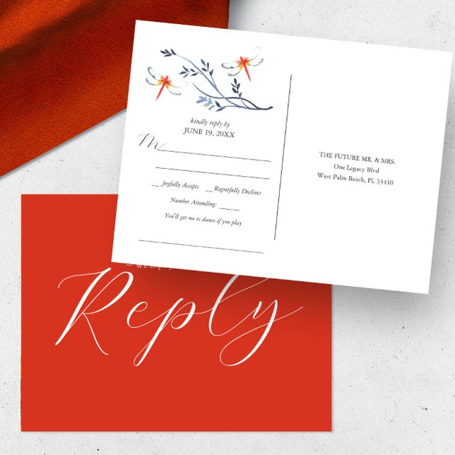 Postal Solicitud de RSVP de canción de boda única en acua (Wedding rsvp postcard song request watercolor red dragonfly art by Victoria Grigaliunas)