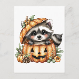 Postal Solo colgando, Mapache Juguetón En Calabaza