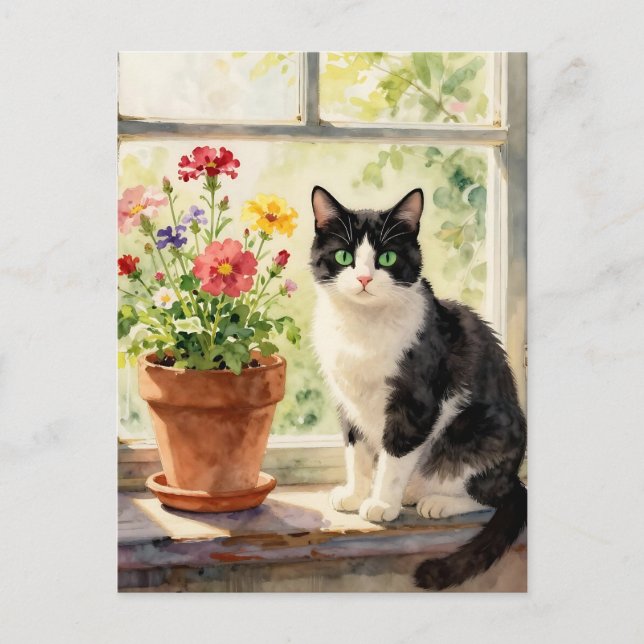 Postal Sólo Diciendo Hola | Tema de Gato y Flor (Anverso)