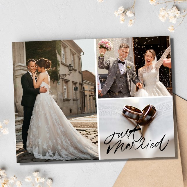 Postal Sólo Marred 3 Collage de fotos Boda Gracias (Just Marred 3 Photo Collage Wedding Thank You Postcard)