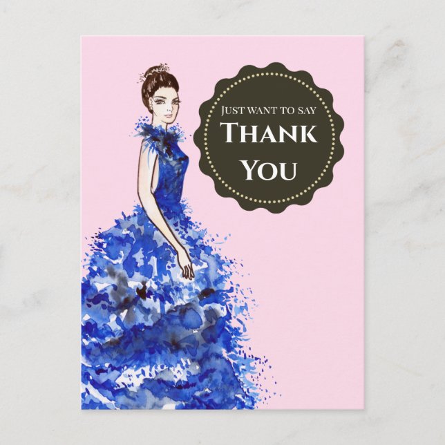 Postal Sólo quiero darte las gracias señora con vestido a (Anverso)