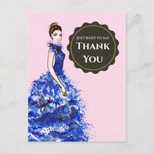 Postal Sólo quiero decir gracias señora con vestido azul