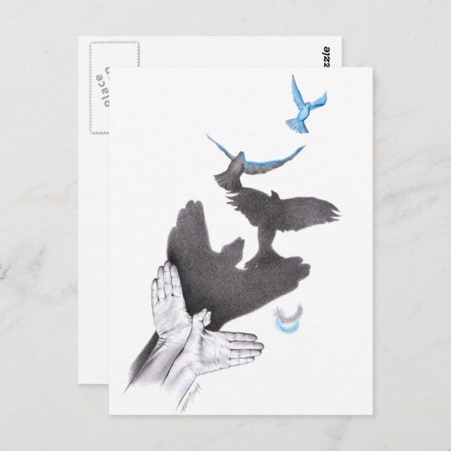 Postal Sombra de mano Aves voladoras Ilusión Arte surreal (Anverso / Reverso)