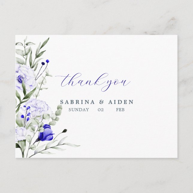 Postal Sombra Del Boda Floral De Marfil Azul Real Gracias (Anverso)