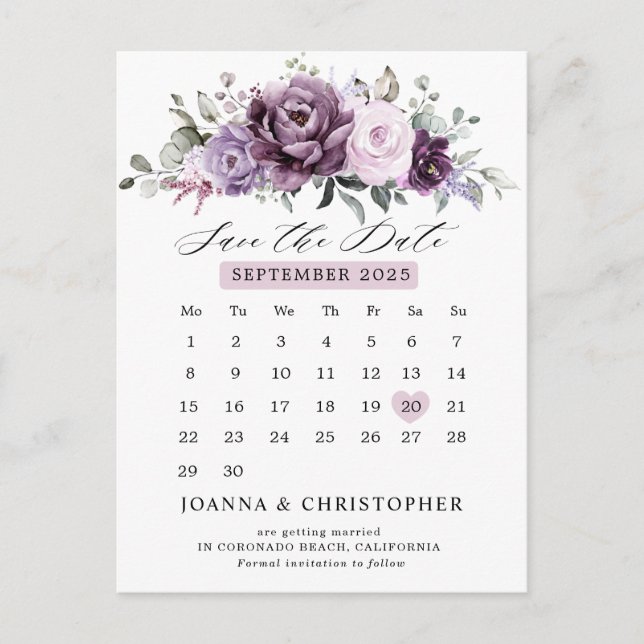 Postal Sombras de un calendario turbio morado Guardar la  (Anverso)