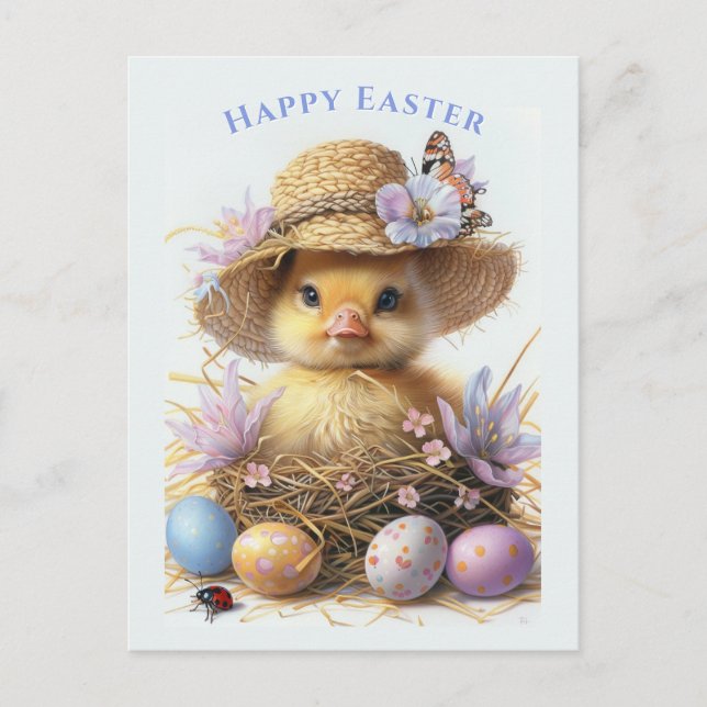 Postal Sombrero de paja adorable patito huevos de Pascua  (Anverso)