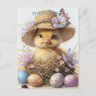 Postal Sombrero de paja de patito adorable Pascua de Resu