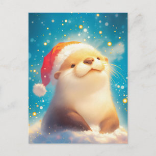 Postal Sombrero de Santa de Nutria en Acuarela Festiva
