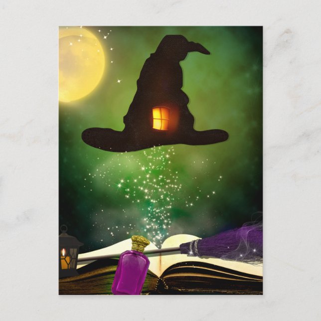 Postal Sombrero Mágico y Libro de Hechizos Mágicos Hallow (Anverso)