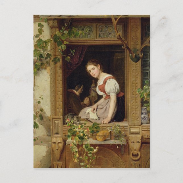 Postal Soñando en el umbral de la ventana (Anverso)