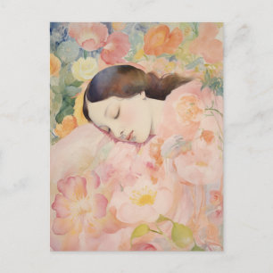 Postal Soñando en Flor – Mujer Durmiendo en Acuarela