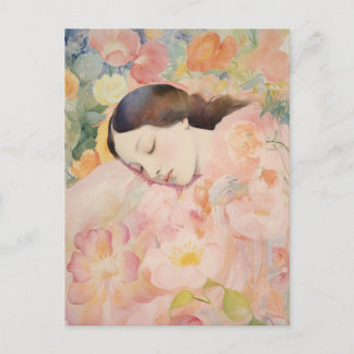 Postal Soñando en Flor – Mujer Durmiendo en Acuarela
