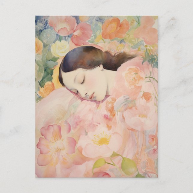 Postal Soñando en Flor – Mujer Durmiendo en Acuarela (Anverso)