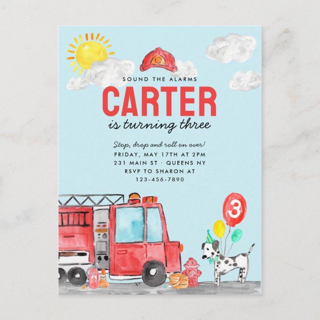 Postal Sonar el cumpleaños del bombero de un camión de bo (Anverso)