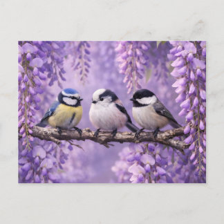 Postal Songbirds on the Vibrant Wisteria Flower Branch 