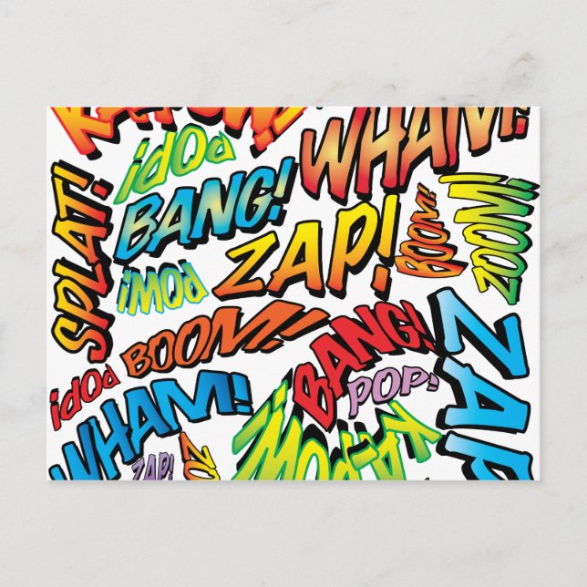 Postal Sonidos divertidos de arte pop de cómic retro (Anverso)