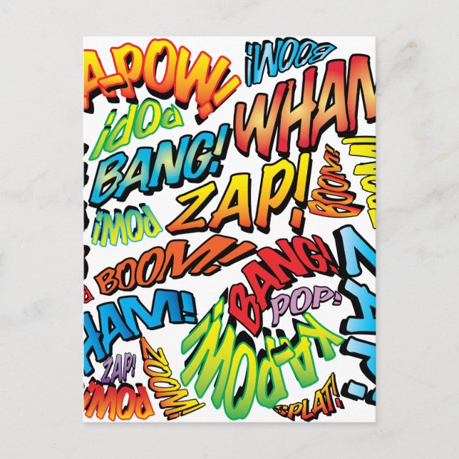 Postal Sonidos divertidos de arte pop de cómic retro (Anverso)