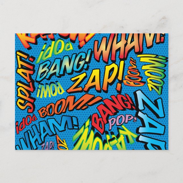 Postal Sonidos divertidos de arte pop de cómic retro (Anverso)