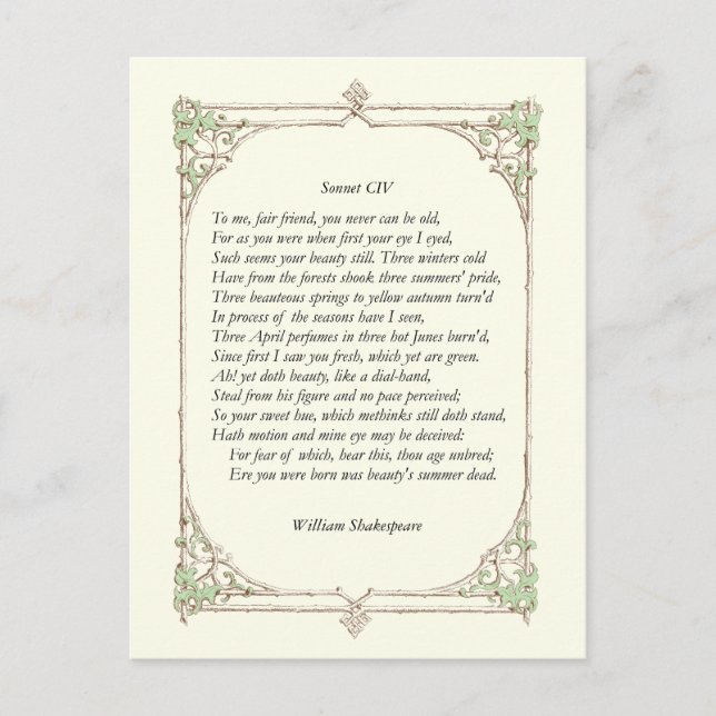 Postal Sonnet # 104 de William Shakespeare (Anverso)