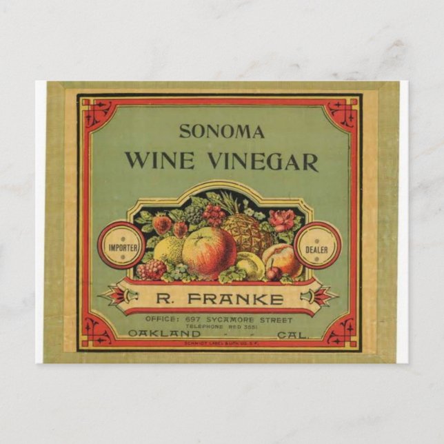 Postal Sonoma Vinegar, etiqueta publicitaria de época (Anverso)