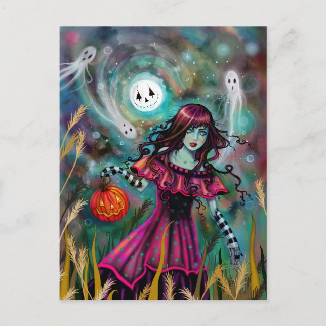 Postal Sonriente arte de fantasía de Halloween en la Luna (Anverso)