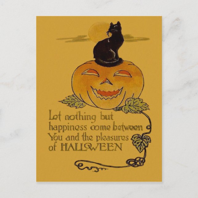 Postal Sonriente Jack O Lantern Calabaza de gato negro (Anverso)