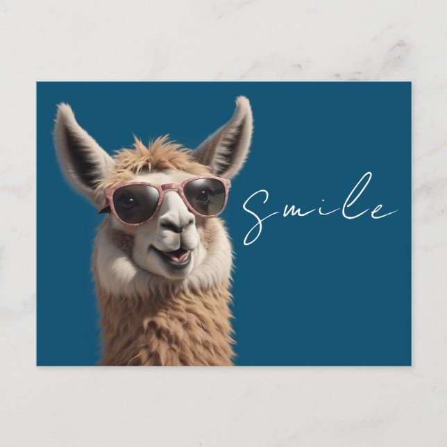 Postal Sonrisa Llama Cute Alpaca con gafas de sol Azul (Anverso)