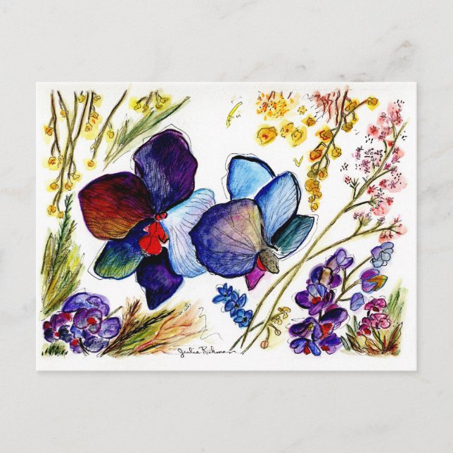 Postal Sorprendente orquídea azul y hojas (Anverso)