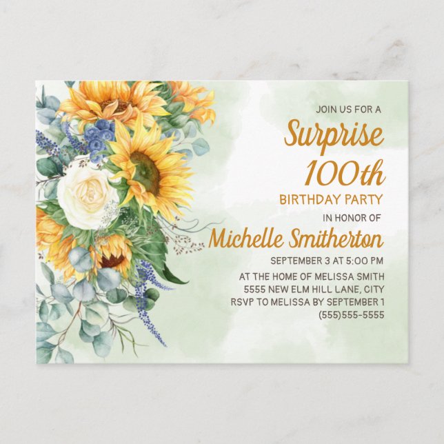 Postal Sorpresa 100 cumpleaños Sunflowers Eucalyptus (Anverso)