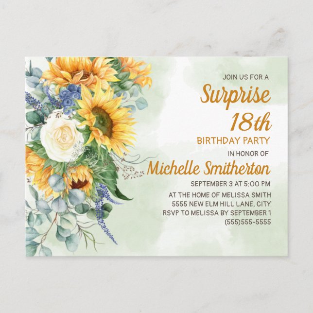 Postal Sorpresa 18.º cumpleaños Sunflowers Eucalyptus (Anverso)