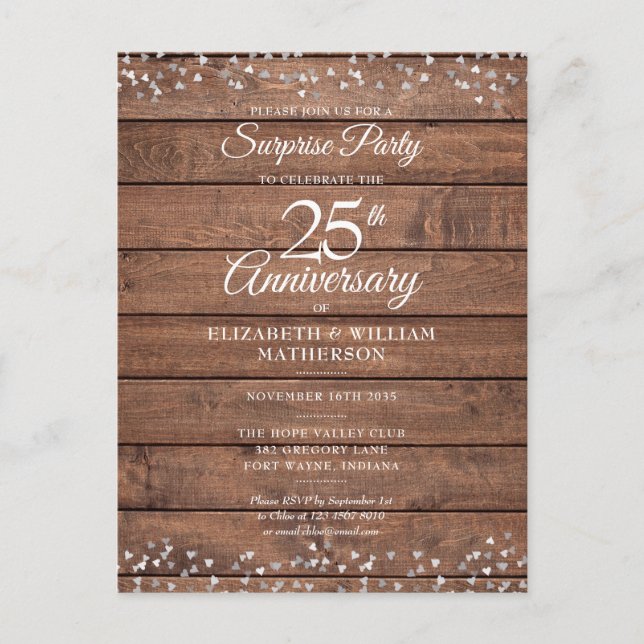 Postal Sorpresa 25 Aniversario Corazones de Plata Rústico (Anverso)