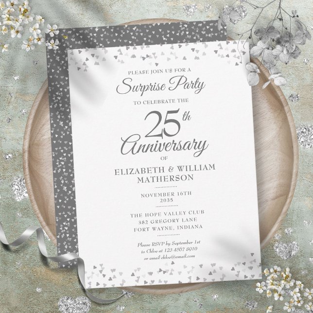 Postal Sorpresa 25 años Boda Corazones Plateados (Surprise 25th Wedding Anniversary Silver Hearts Postcard)