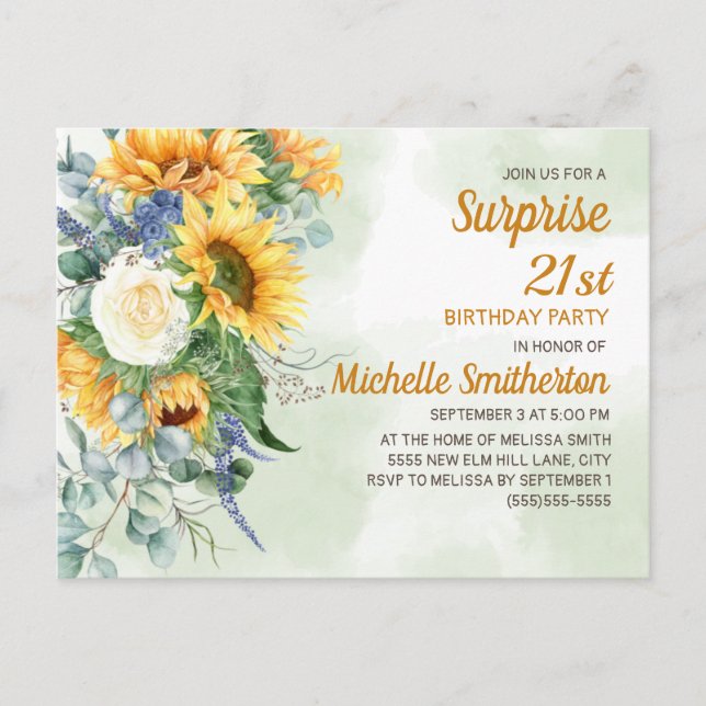 Postal Sorpresa cumpleaños 21 girasoles eucalipto (Anverso)