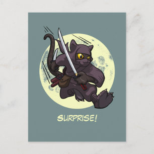 Postal ¡Sorpresa! Gato negro ninja patada voladora Cartoo