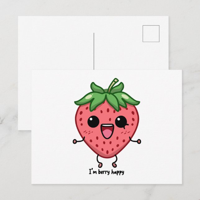 Postal Soy Berry Happy lindo kawaii fresa saltando (Anverso / Reverso)