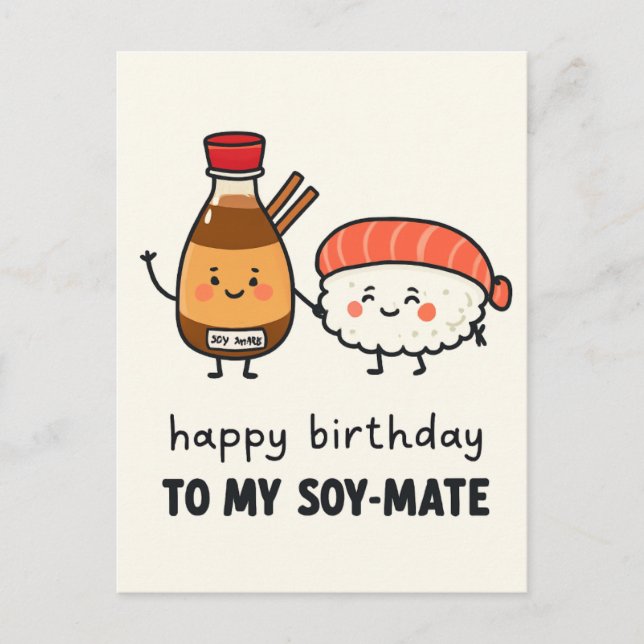 Postal Soy-Mate Birthday Card – Cute Sushi & Soy Sauce  (Anverso)