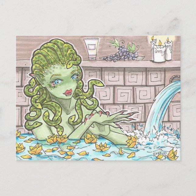 Postal Spa Snacks Hot Tub Medusa Fantasy Art Postcard (Anverso)