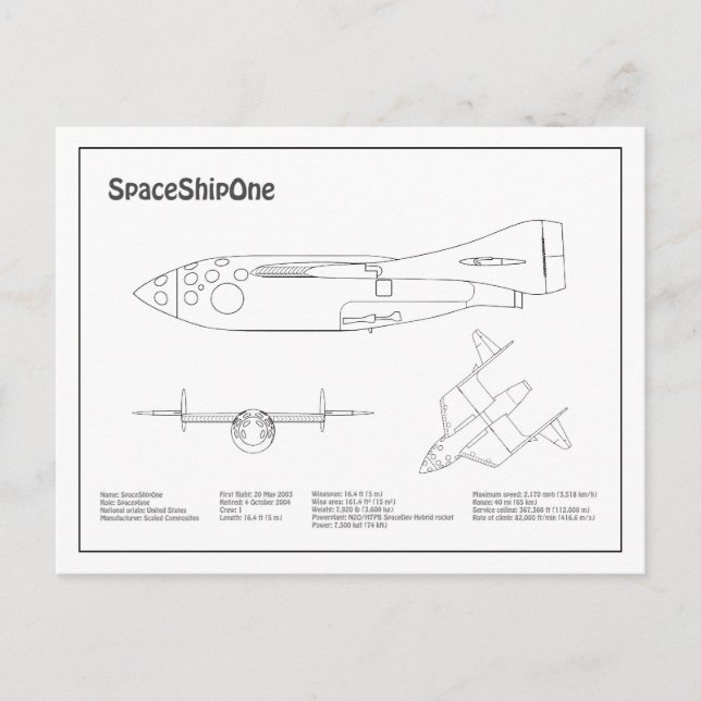 Postal SpaceShipOne - Planes de dibujo del plano aéreo BD (Anverso)