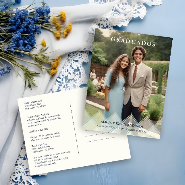 Postal Spanish Blue Shades Overlay Vellum Shapes Photo (Spanish Blue Shades Overlay Transparency Shapes Photo Graduates Postcard Invitation.)
