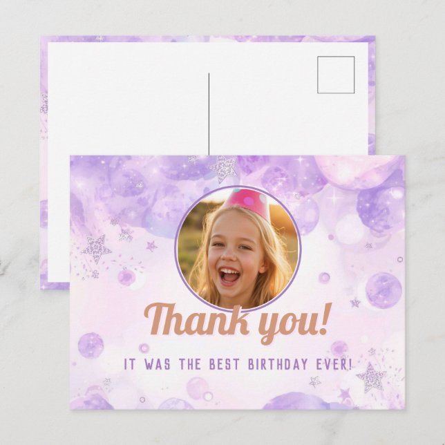 Postal Sparkly Purple Photo Girls Birthday Party (Anverso / Reverso)