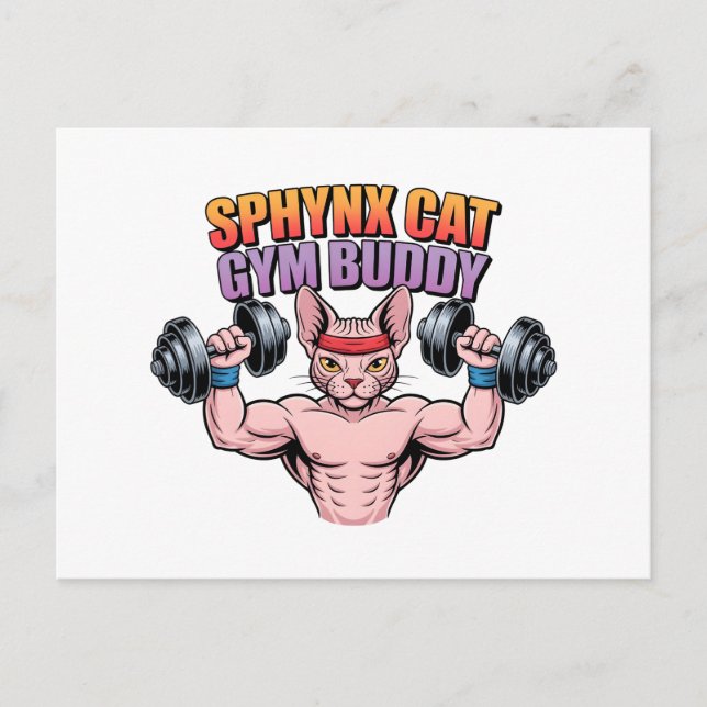 Postal Sphynx Cat Gym Buddy Muscular Cartoon (Anverso)