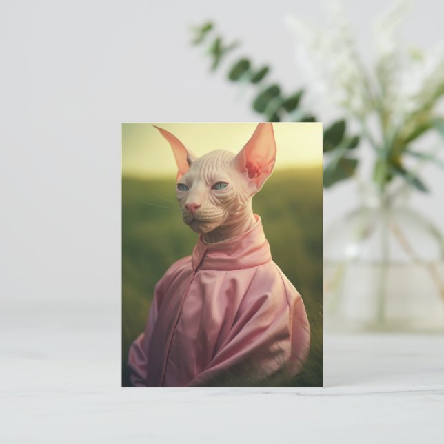 Postal Sphynx Cat in Outfit – Playful Nature Art (Anverso de pie)