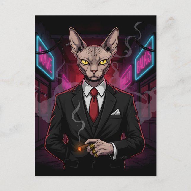 Postal Sphynx Mafia Cat in Neon Noir Style (Anverso)