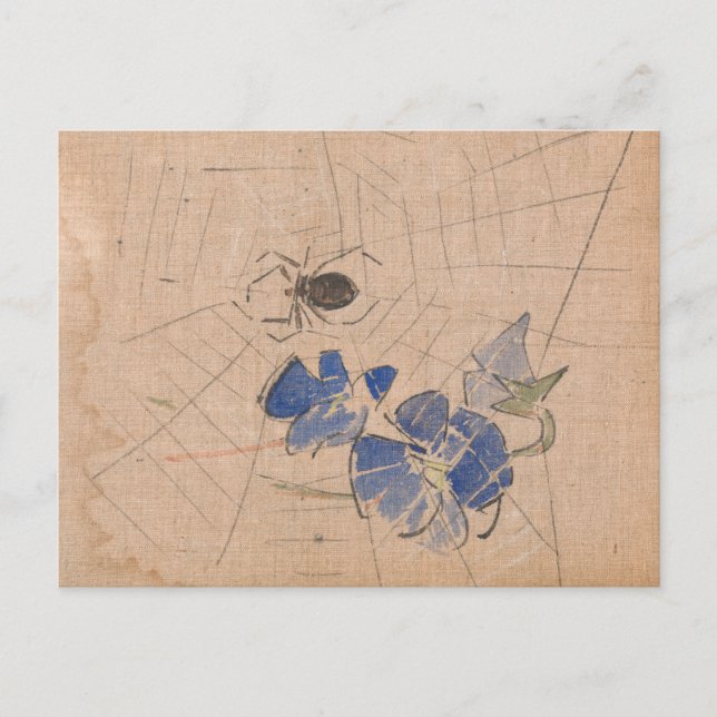 Postal Spider y Web con flores azules | Joseph Crawhall (Anverso)